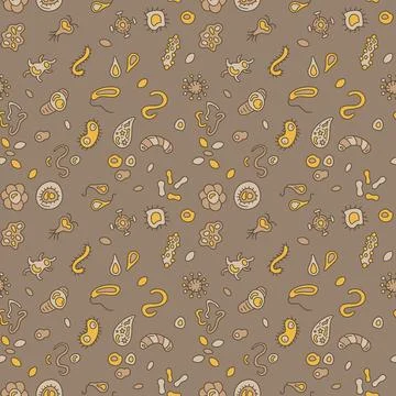 Microbiology vector concept brown seamless pattern with Bacteria signs Stock Illustration