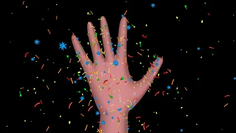 Microbiome bacteria, viruses, microbes on hand. 3d animation. Isolated Stock-Footage 98609627