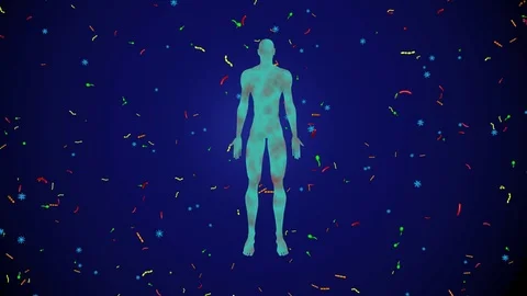 Microbiome bacteria, viruses, microbes surrounding  man, male body Stock Footage 79669820