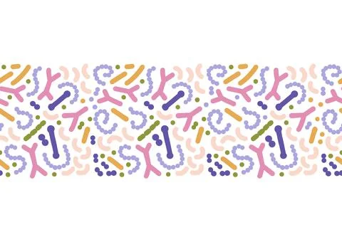 Microbiome seamless border. Probiotic bacteria print with colorful lactobacillus Stock Illustration