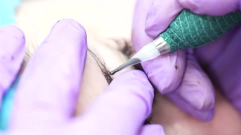 Microblading Eyebrow Tattoo, Permanent Makeup, Using Special Needle, Injects Stock Footage 135554725