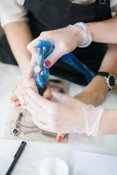 Microblading technique tattoo sketching eyebrows Stock Photos