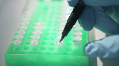 Microcentrifuge tubes in a bio lab experiment Stock Footage 1744665