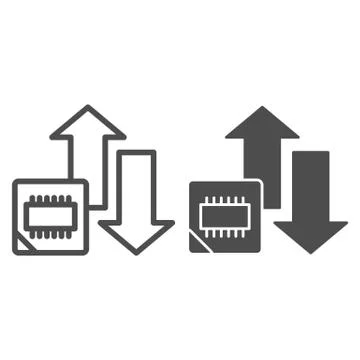 Microchip and arrows line and solid icon. Processor bus data peak throughput Stock Illustration