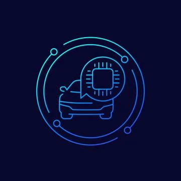Microchip and car icon, linear design 스톡 일러스트
