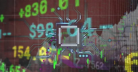 Microchip and circuit lines animation over stock market data and graphs Stock Footage 304767339