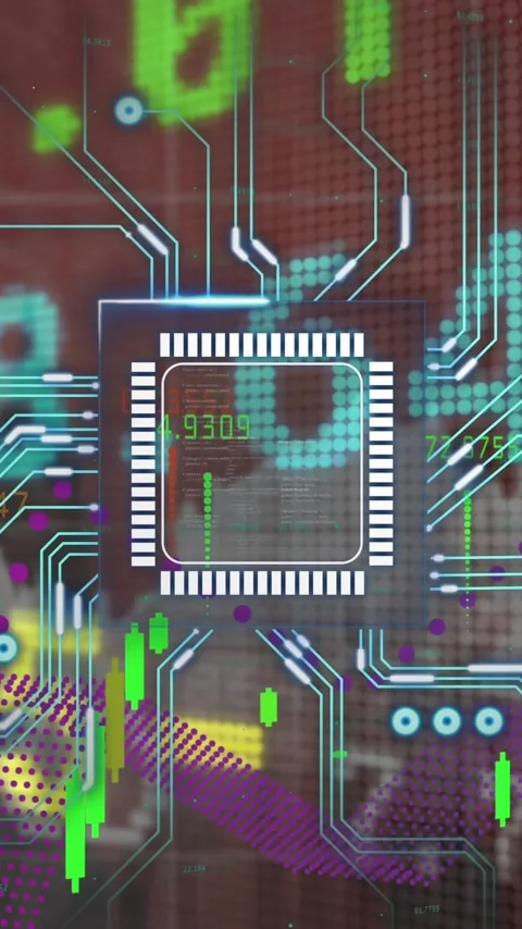 Microchip and circuit lines animation over stock market data and graphs Stock Footage 320165344