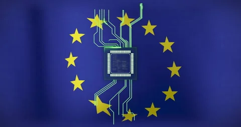 Microchip and circuit lines over European Union flag with yellow stars Stock Footage 306339186