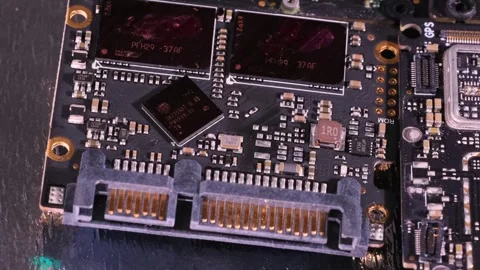 Microchip and microcircuit, tracking shot, increase macro close up, top view. Stock Footage 246951604