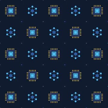Microchip and network node seamless pattern on dark navy background, flat Stock Illustration