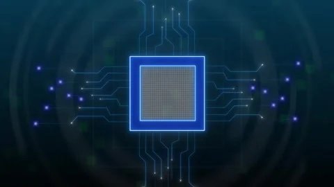 Microchip animation on circuit background. Glowing blue microchip technolog.. Stock Footage 338347664