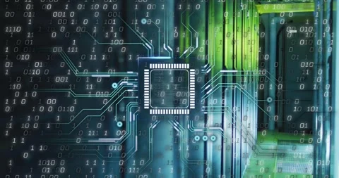 Microchip appearing over data center aisle, emitting circuits, cascading binary, Stock Footage 333965697