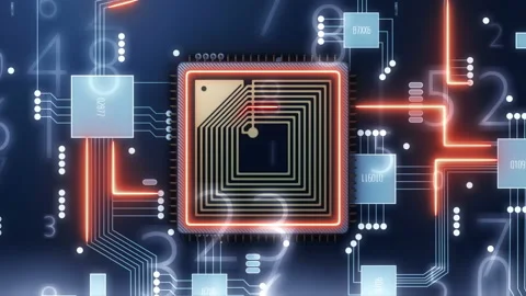 Microchip big data process motion. Data transfer integrated chip loop video Stock Footage 163414945