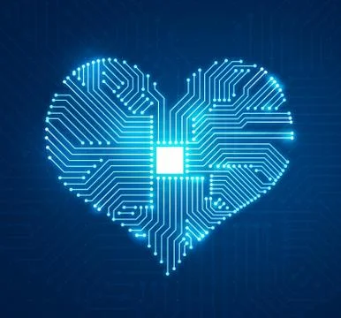 Microchip board on heart shape on blue background Stock Illustration