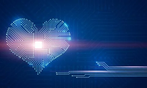 Microchip board on heart shape on blue background Stock Illustration