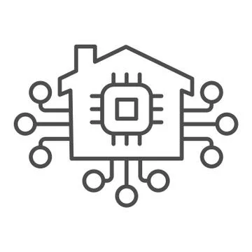 Microchip in building and connections thin line icon, smart home concept Ilustración de archivo