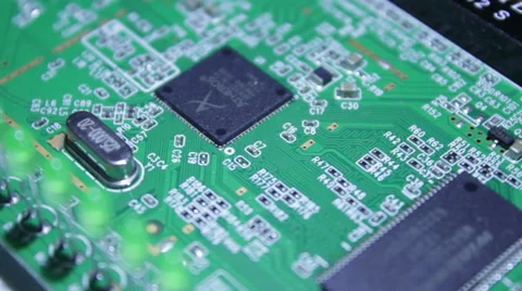 The microchip, the chip, the processor on the board rotates around the camera.  Stock Footage 60659889