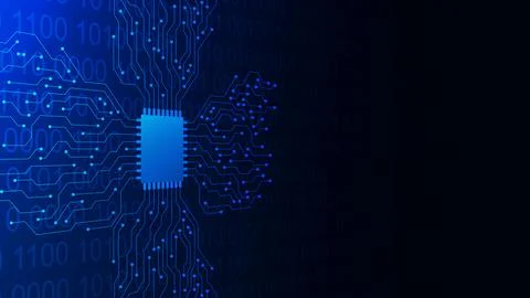 Microchip with circuit board and binary code. Quantum computer Stock Illustration