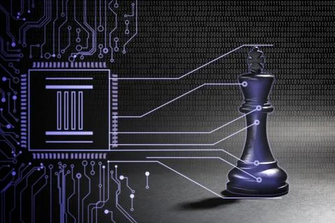 Microchip on circuit board connected to chess piece against binary code Stock Photos
