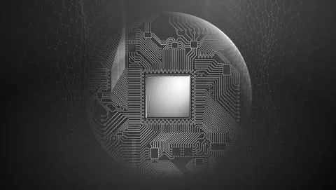 Microchip with circuit in sphere shield. Data processing. Big Data and Data Illustrazione stock