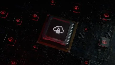 Microchip with Cloud Lock Icons Representing Secure Cloud Computing Data Pr.. Fotos Stock