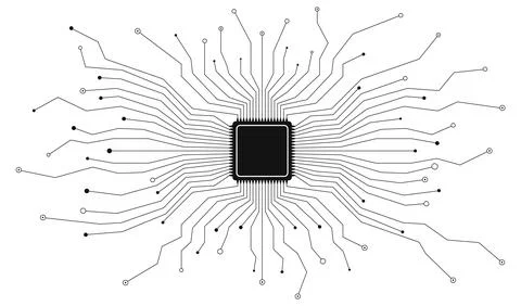 Microchip with complex circuits designed for diverse technology projects an.. Illustrazione stock