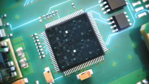 Microchip computer unit processor CPU motherboard integrated circuit, fast Stock Footage 172240453