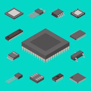 Microchip computer vector isometric chip technology processor circuit electronic 스톡 일러스트