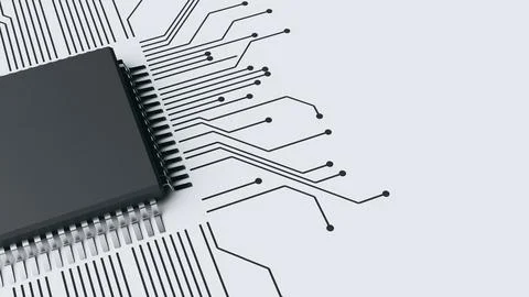 Microchip Connects Across Minimal Electronic Circuit Background. 3d render Stock Illustration