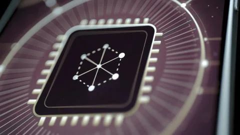 Microchip core displays luminous network geometry Stock Photos