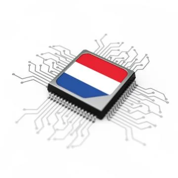 Microchip CPU Processor with Circuit and the Netherlands Flag. 3d Rendering Illustrazione stock