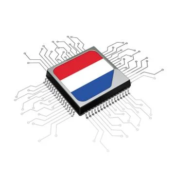 Microchip CPU Processor with Circuit and the Netherlands Flag. 3d Rendering Illustrazione stock