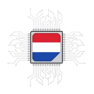 Microchip CPU Processor with Circuit and the Netherlands Flag. 3d Rendering Stock Illustration