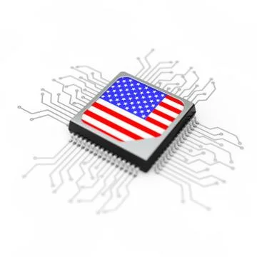 Microchip CPU Processor with Circuit and USA Flag. 3d Rendering Stock Illustration