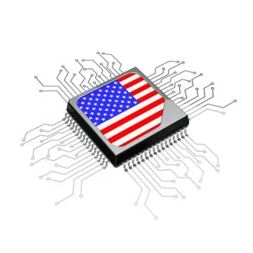 Microchip CPU Processor with Circuit and USA Flag. 3d Rendering 스톡 일러스트