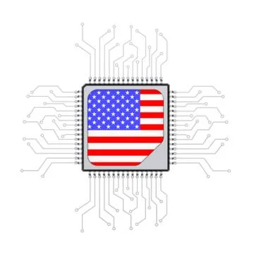 Microchip CPU Processor with Circuit and USA Flag. 3d Rendering Illustrazione stock