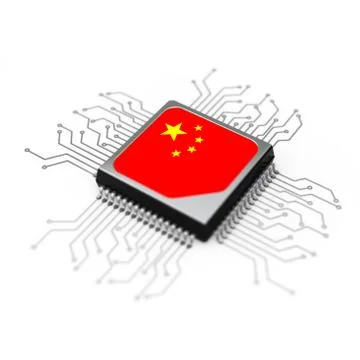 Microchip CPU Processor with Circuit and China Flag. 3d Rendering Stock Illustration