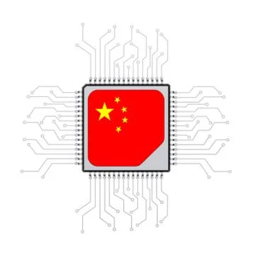 Microchip CPU Processor with Circuit and China Flag. 3d Rendering イラスト素材