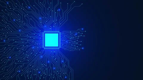 Microchip with electronic circuit board on dark blue background. Stock Illustration