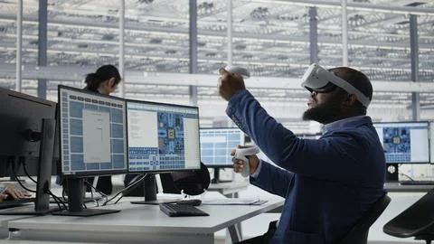 Microchip factory lab specialist using VR headset to analyze chip architecture Stock Photos