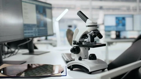 Microchip factory research office with workstations used to inspect processor Stock Footage 335880875