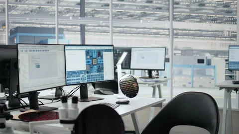Microchip factory research office with workstations used to inspect processor Stock Footage 335882838