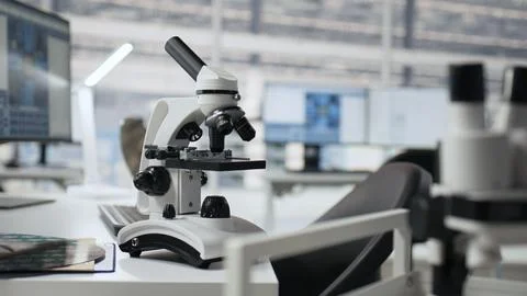 Microchip factory research office with workstations used to inspect processor Stock Photos