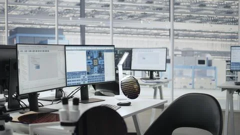 Microchip factory research office with workstations used to inspect processor Stock Photos