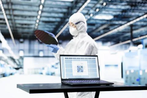 Microchip factory specialist testing silicon wafer batches with laptop software Stock Photos