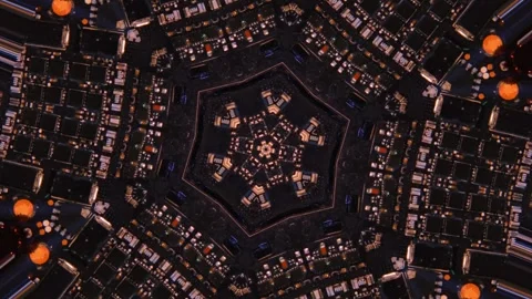 Microchip glowing lights on dark kaleidoscopic futuristic abstract background. Stock Footage 246951139