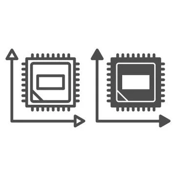 Microchip in graph line and solid icon. Computer chip in coordinate system Ilustración de archivo
