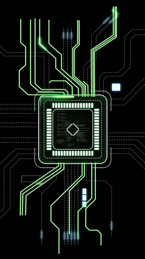 Microchip with green circuits and data flow animation on black background Stock Footage 323780944