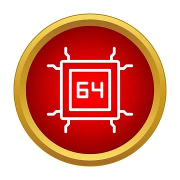 Microchip icon with 64 inside a red circle with a golden border 스톡 일러스트