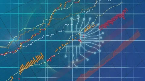 Microchip icon appearing and radiating lines while rising data traces forming Stock Footage 334788239